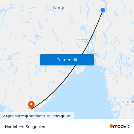 Hurdal to Songdalen map