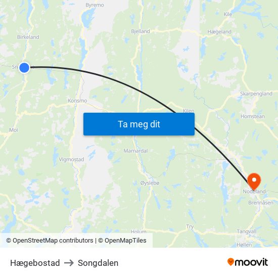 Hægebostad to Songdalen map