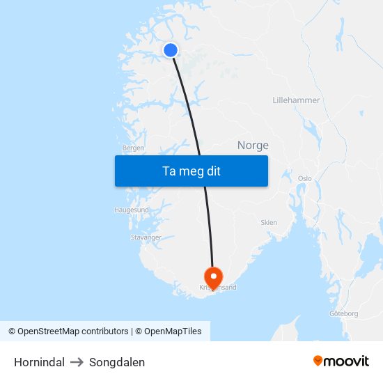 Hornindal to Songdalen map
