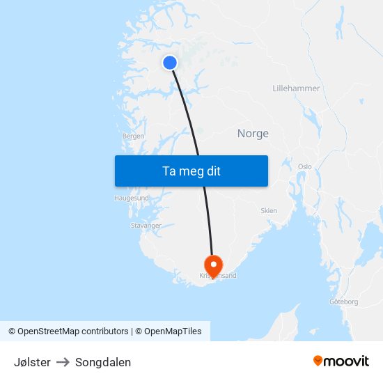 Jølster to Songdalen map