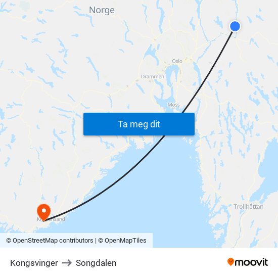 Kongsvinger to Songdalen map