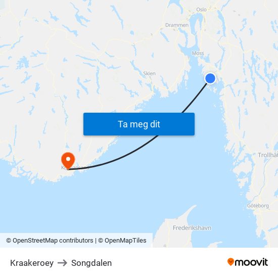 Kraakeroey to Songdalen map