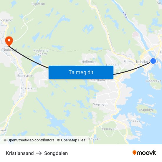 Kristiansand to Songdalen map