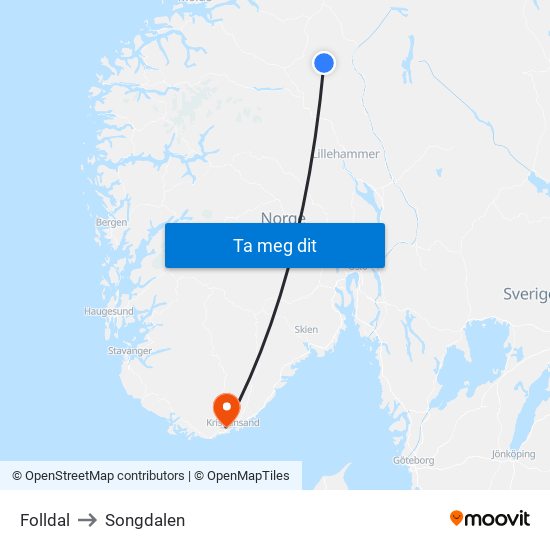 Folldal to Songdalen map