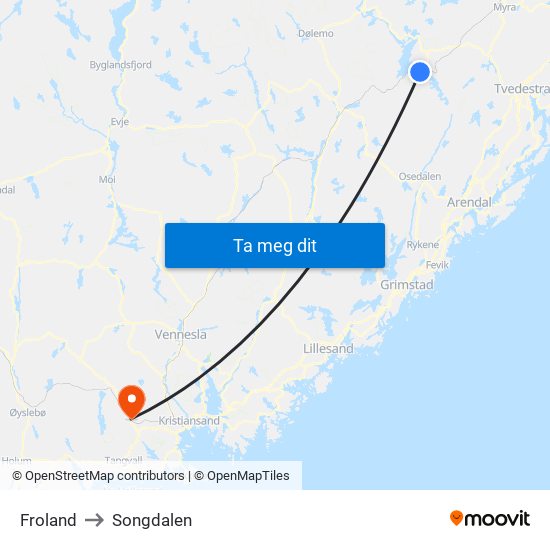 Froland to Songdalen map