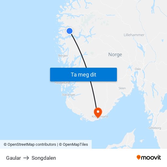 Gaular to Songdalen map