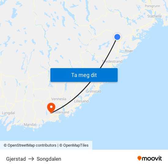 Gjerstad to Songdalen map