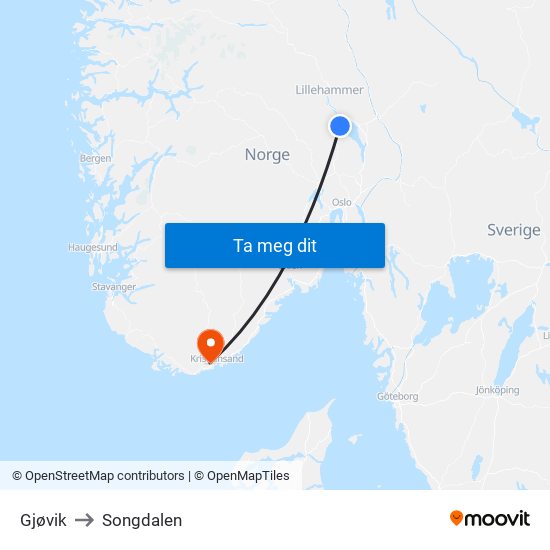 Gjøvik to Songdalen map