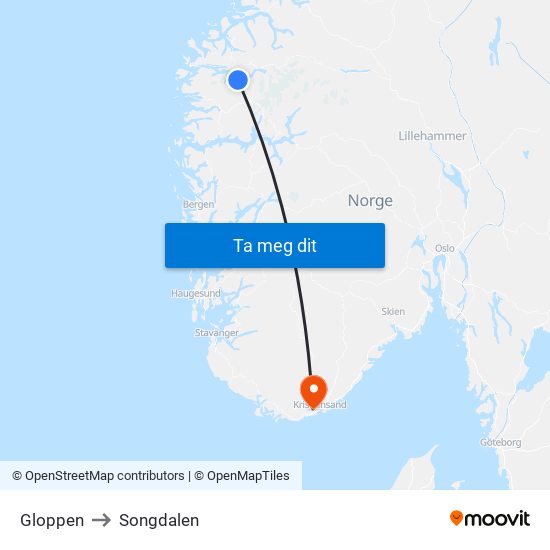 Gloppen to Songdalen map