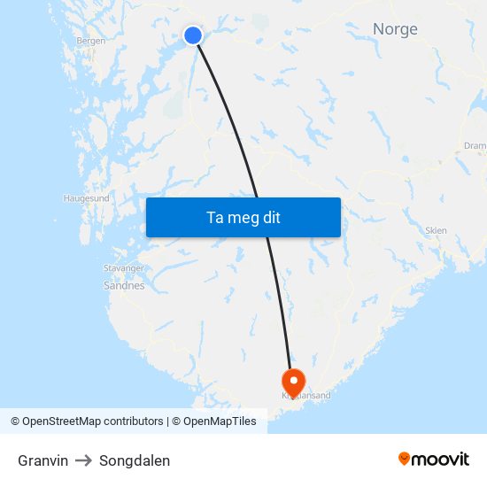 Granvin to Songdalen map