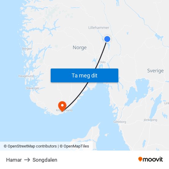 Hamar to Songdalen map