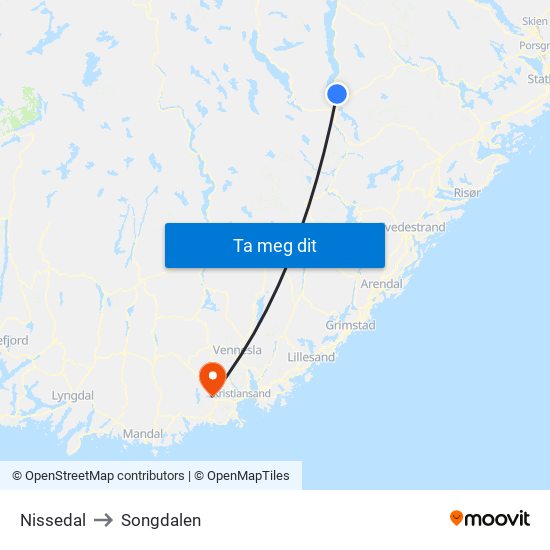 Nissedal to Songdalen map