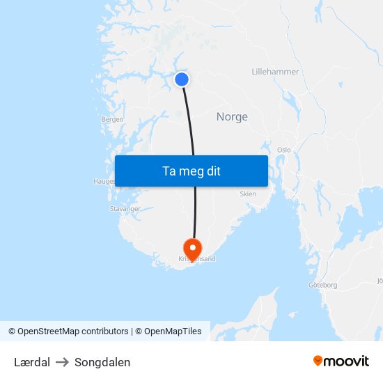 Lærdal to Songdalen map