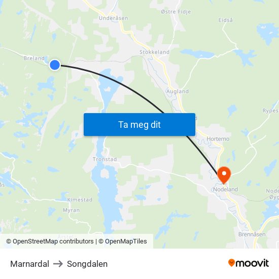 Marnardal to Songdalen map