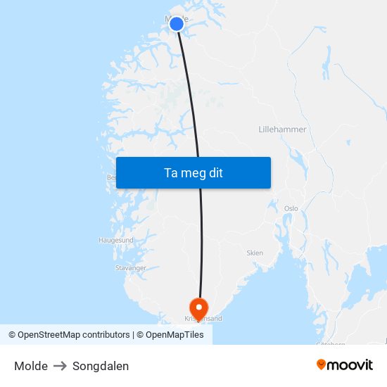 Molde to Songdalen map