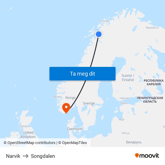 Narvik to Songdalen map