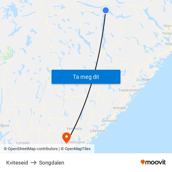 Kviteseid to Songdalen map