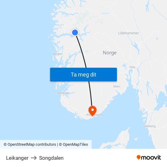 Leikanger to Songdalen map