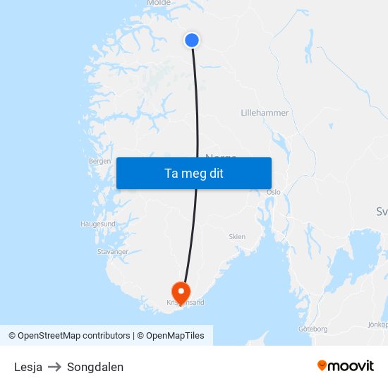 Lesja to Songdalen map