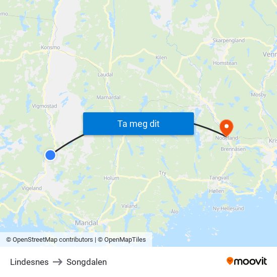 Lindesnes to Songdalen map