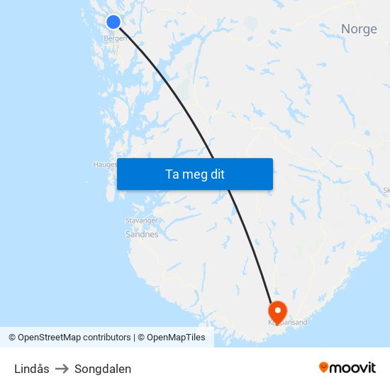 Lindås to Songdalen map