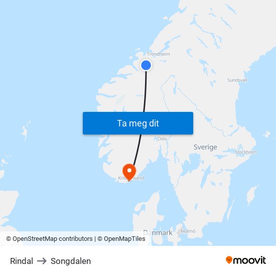 Rindal to Songdalen map