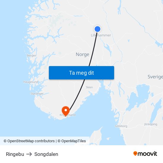 Ringebu to Songdalen map
