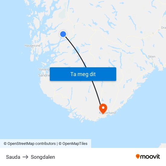 Sauda to Songdalen map