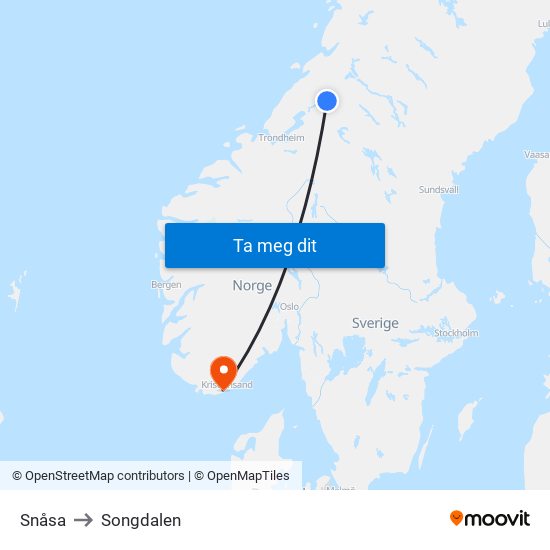 Snåsa to Songdalen map