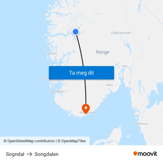Sogndal to Songdalen map