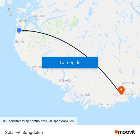 Sola to Songdalen map