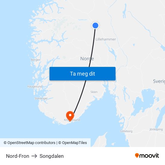 Nord-Fron to Songdalen map