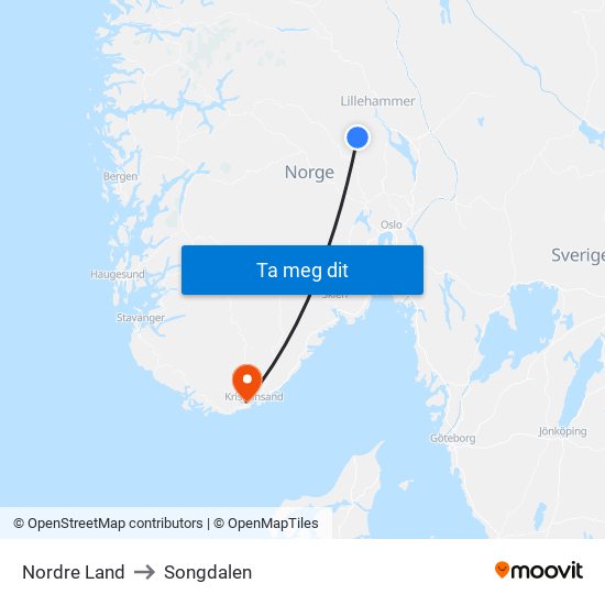 Nordre Land to Songdalen map