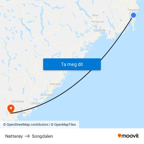 Nøtterøy to Songdalen map