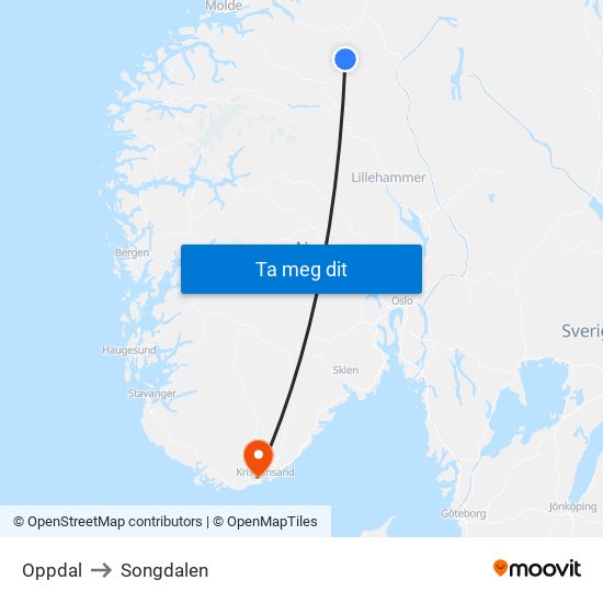Oppdal to Songdalen map