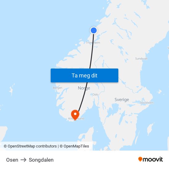 Osen to Songdalen map