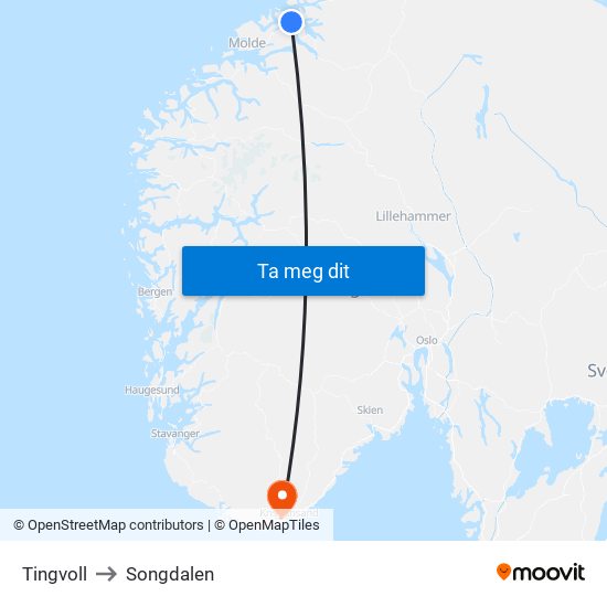 Tingvoll to Songdalen map