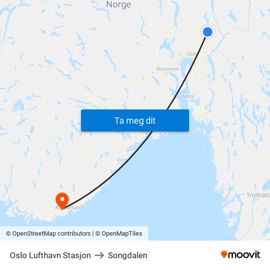 Oslo Lufthavn Stasjon to Songdalen map