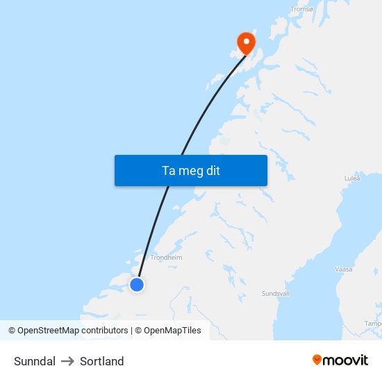 Sunndal to Sortland map