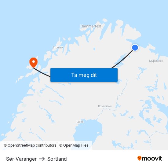 Sør-Varanger to Sortland map