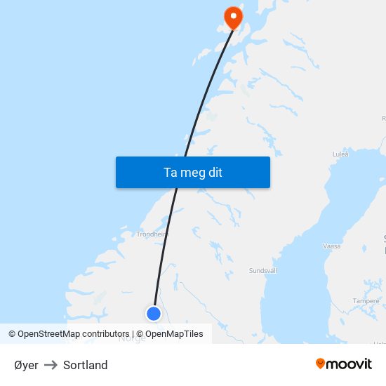 Øyer to Sortland map