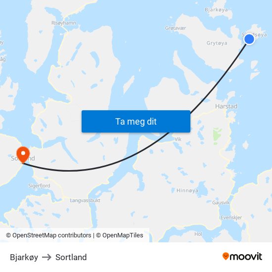 Bjarkøy to Sortland map
