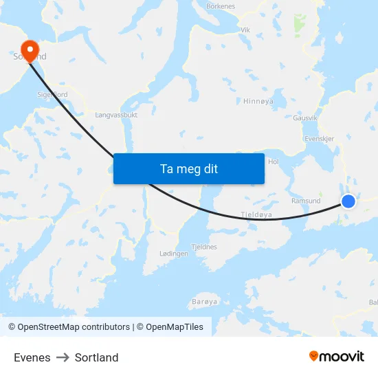 Evenes to Sortland map