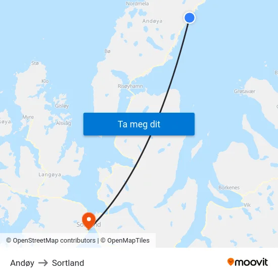 Andøy to Sortland map