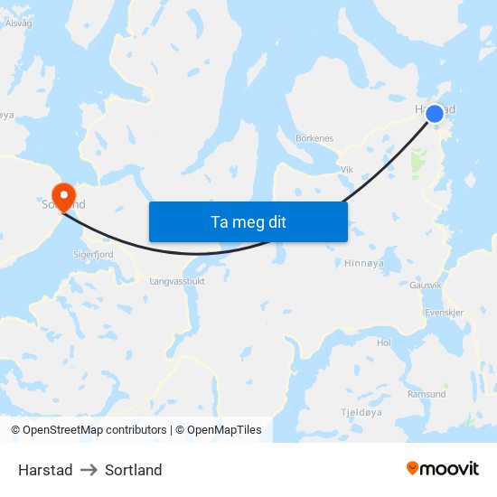 Harstad to Sortland map