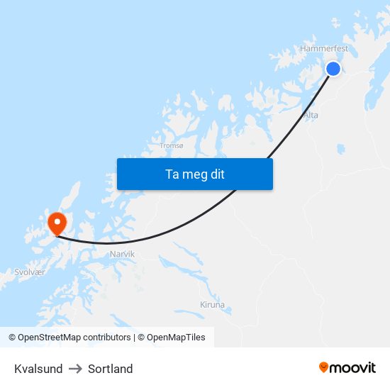 Kvalsund to Sortland map
