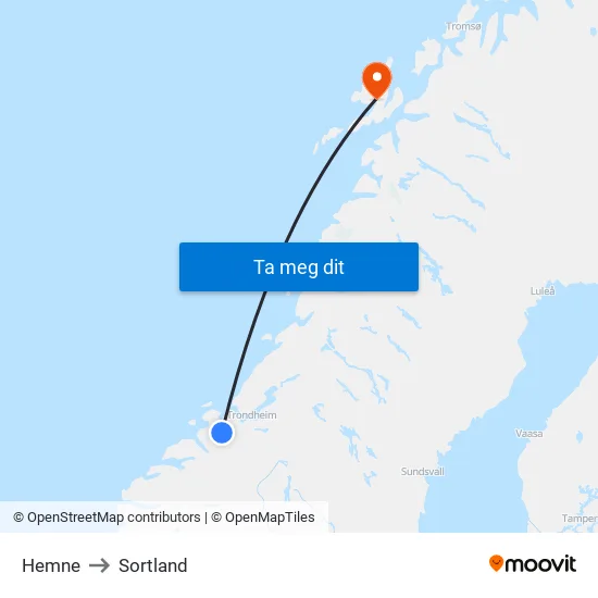 Hemne to Sortland map