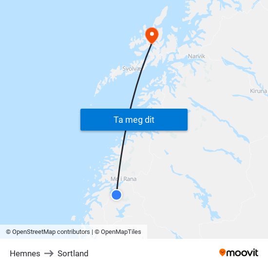 Hemnes to Sortland map