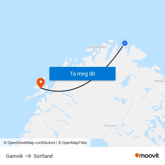 Gamvik to Sortland map