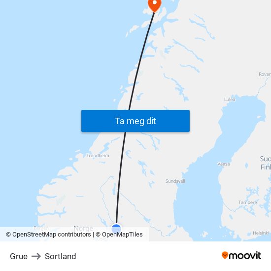 Grue to Sortland map